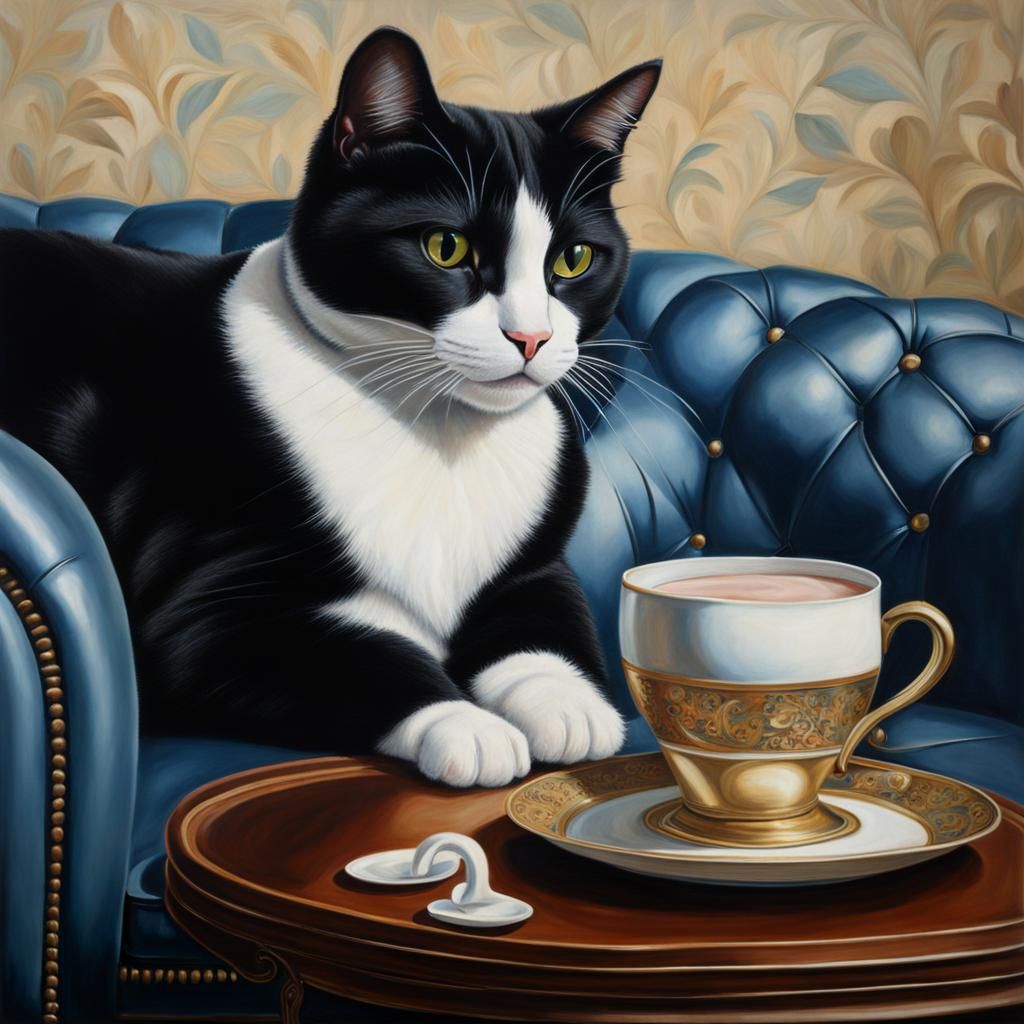 Tuxedo Cat Lounging: Hyperrealistic Portrait with Milk