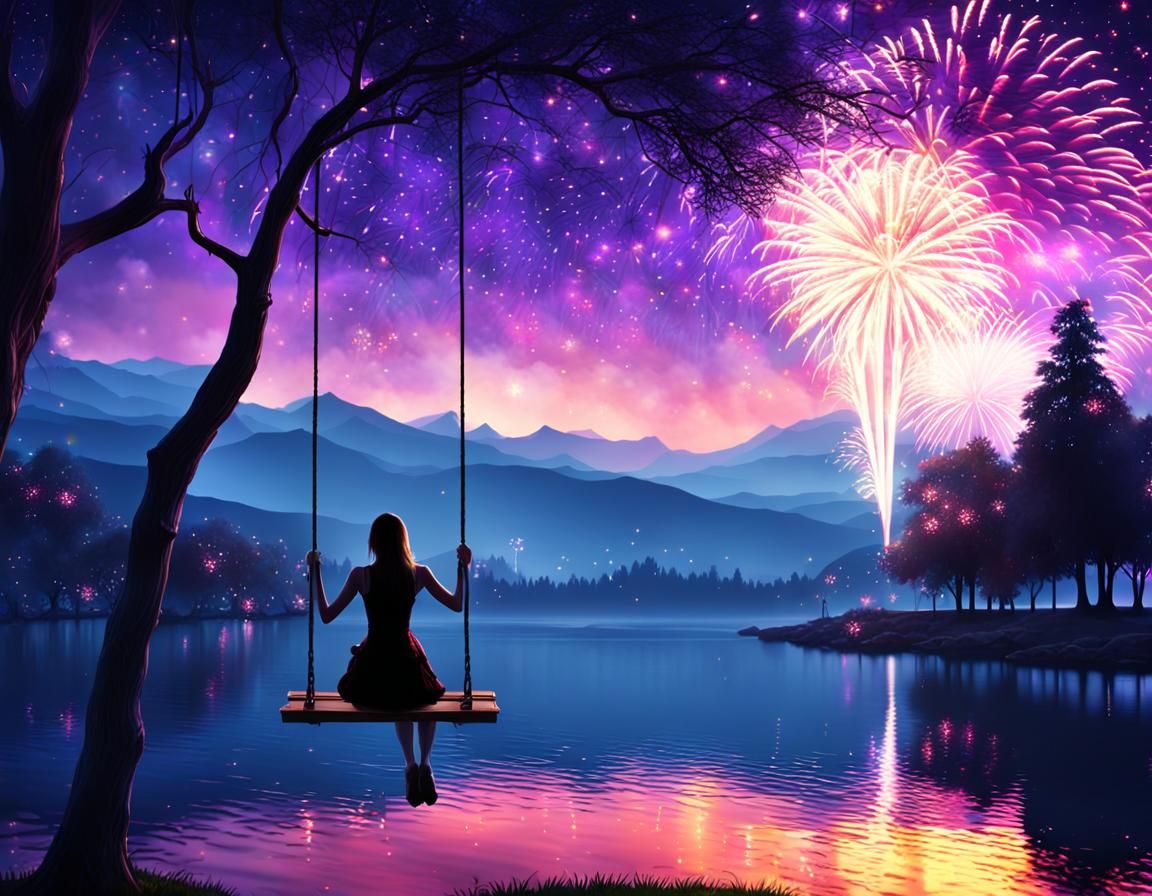 Ethereal Lakeside Fireworks Display at Twilight