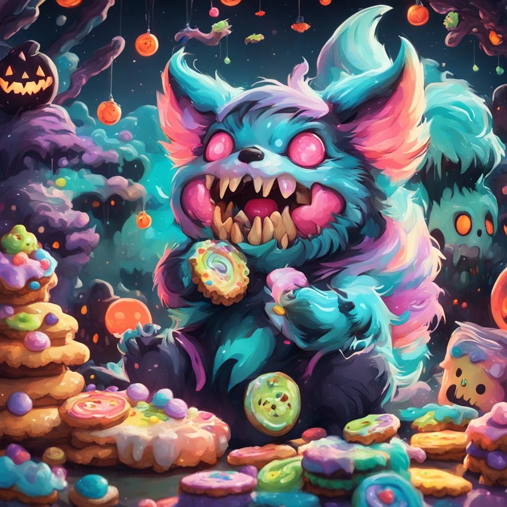 Kawaii Halloween Creature with Cookies in Anime Style