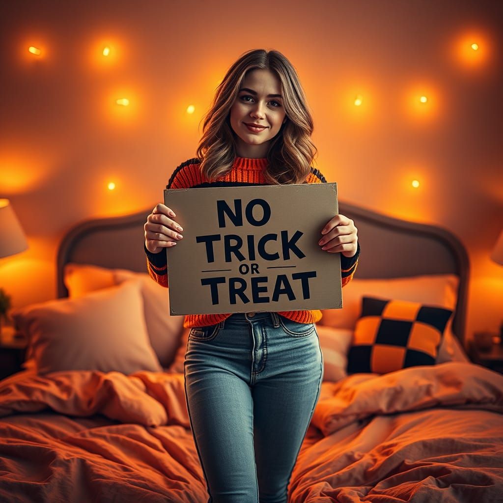 Woman in Bedroom Holds 'No Trick or Treat' Sign