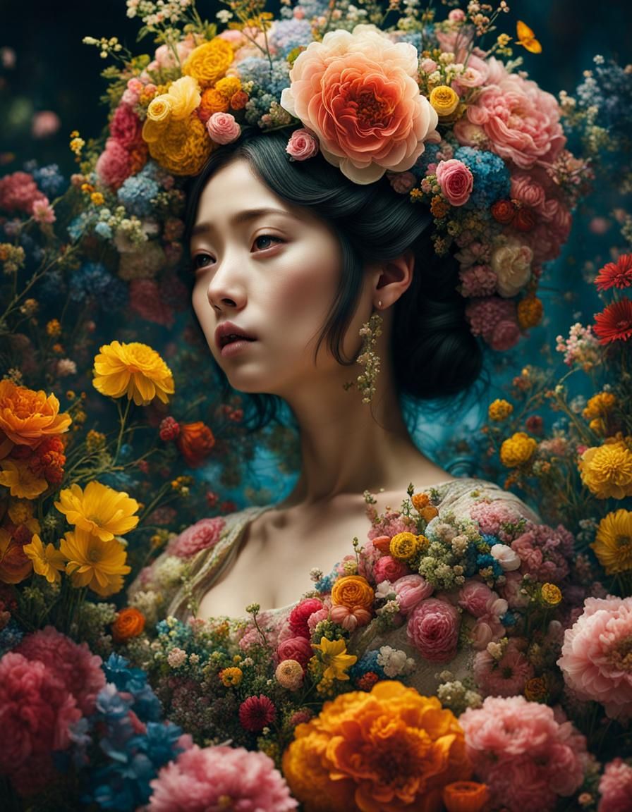 Flower Princess Portrait in Hyperrealistic Mixed-Media Style