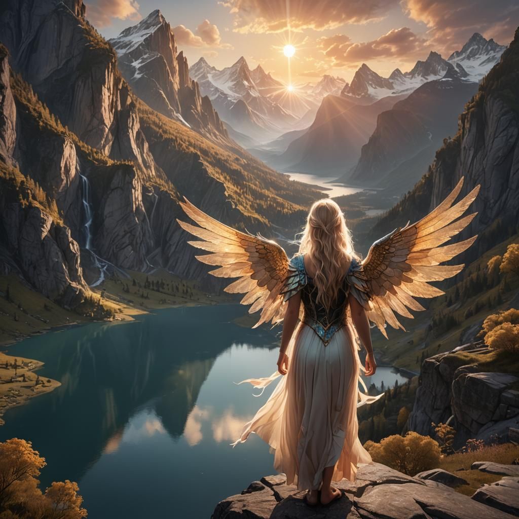 Angel and Fairy Over Mountain Lake at Sunset