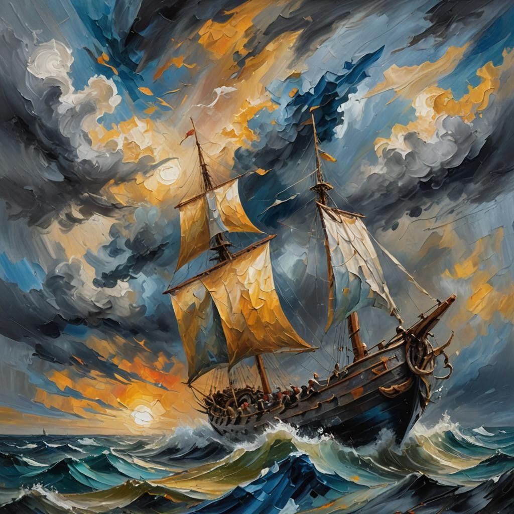 Viking Sailing Through Storm in Expressionist Impasto