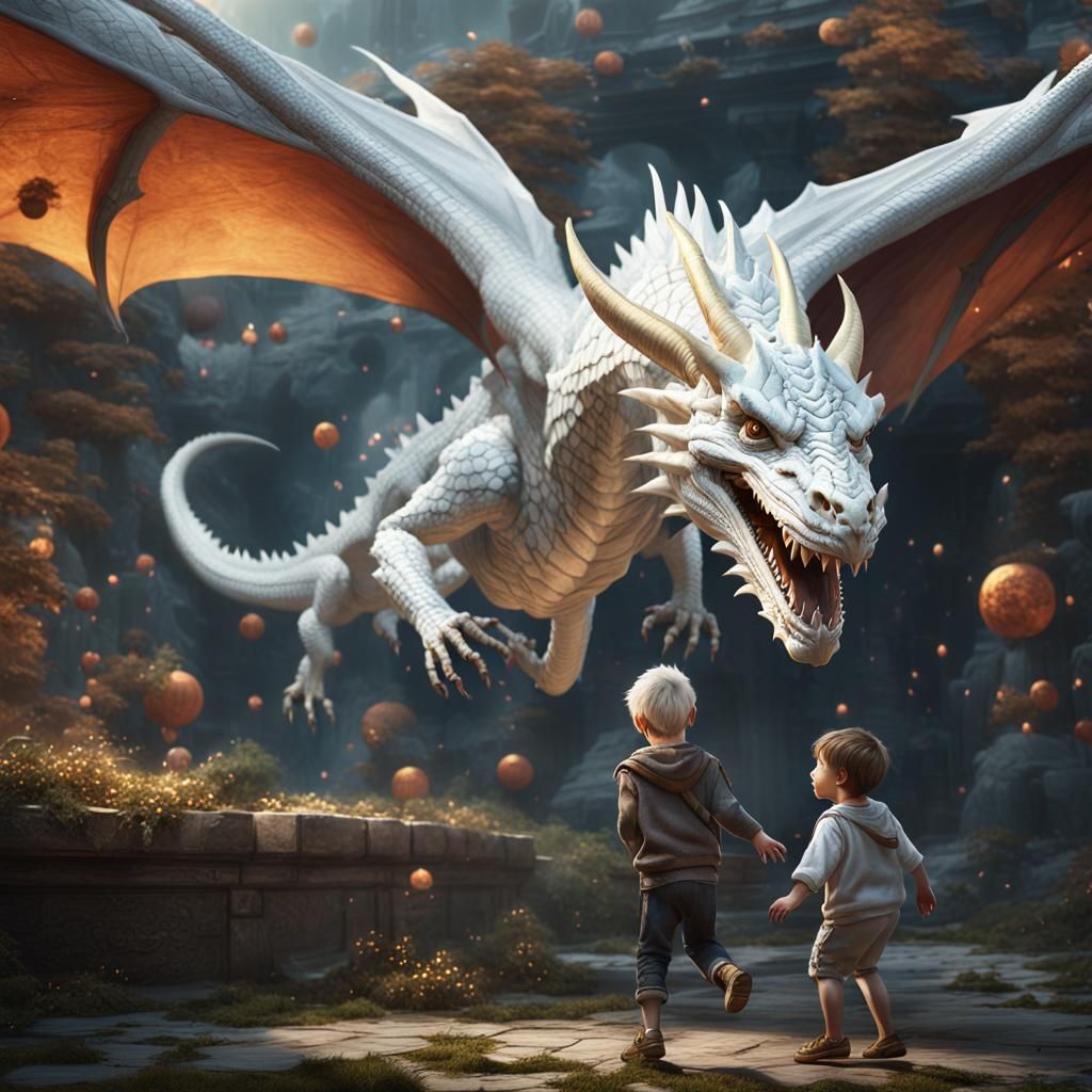 White Dragon Rescuing Child: Fantasy Concept Art