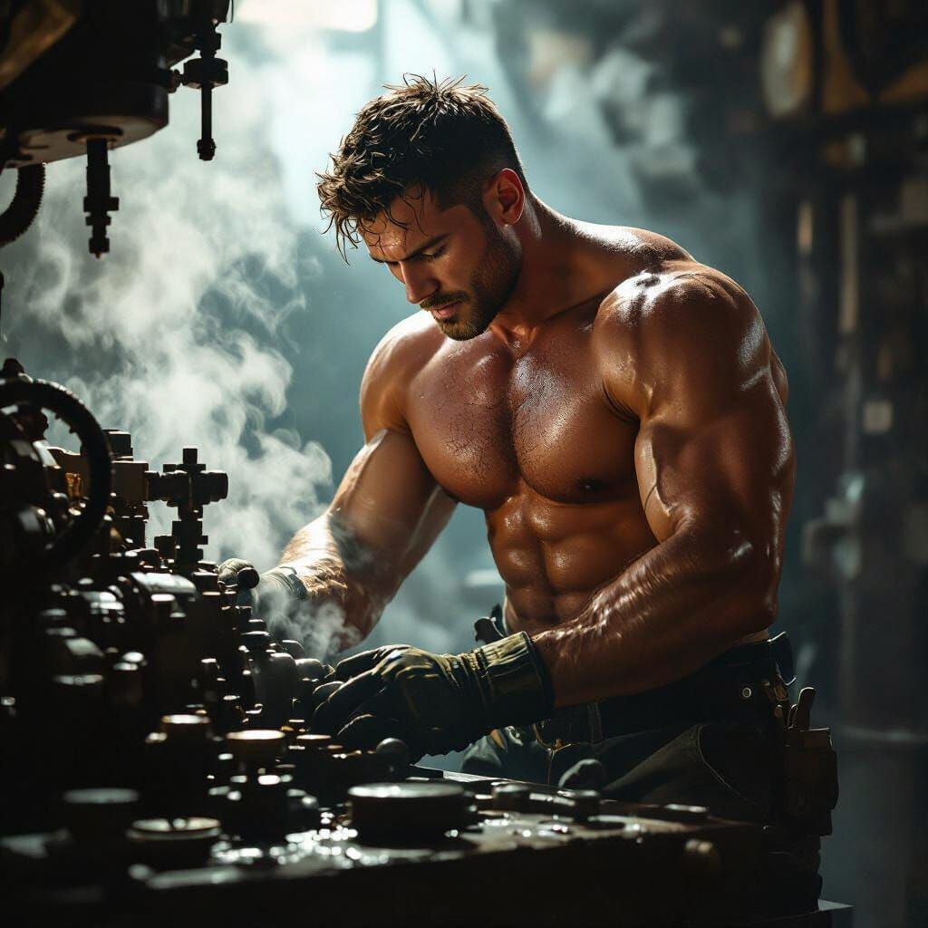 Muscular Repairman In Dramatic Workshop Lighting