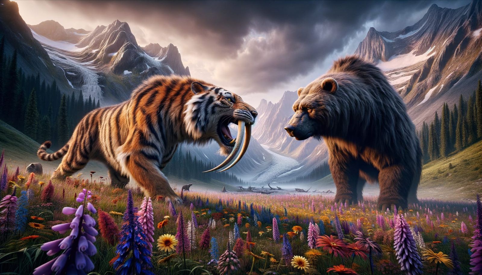 A saber-toothed ancestor of the modern tiger faces a cave bear