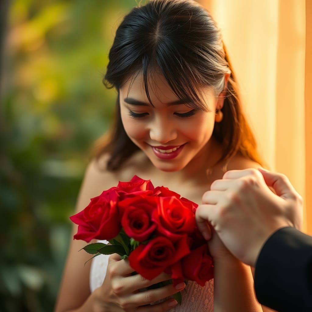Indonesian Woman's Intimate Moment with Red Roses
