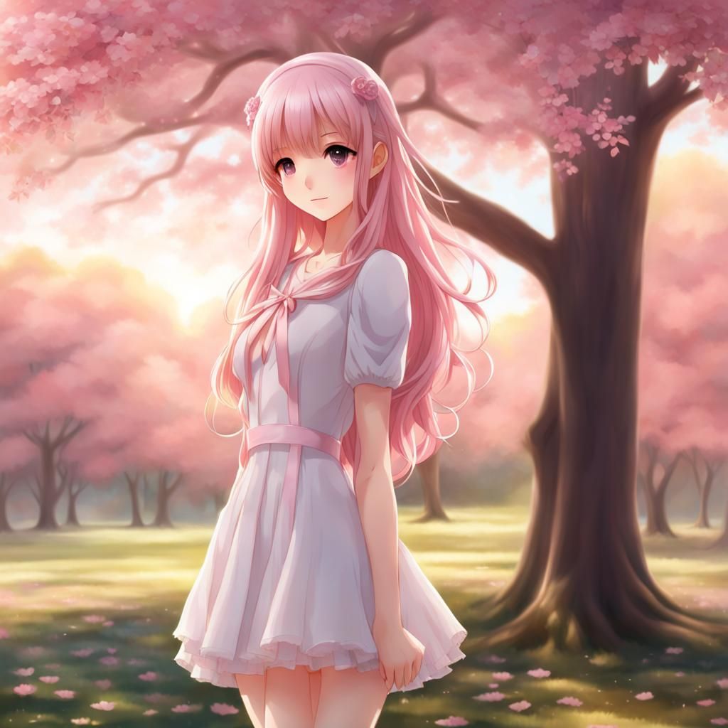 Adorable Anime Girl with Pink Hair in Forest