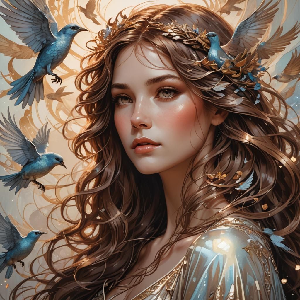 Ethereal Woman Portrait with Birds in Art Nouveau Style