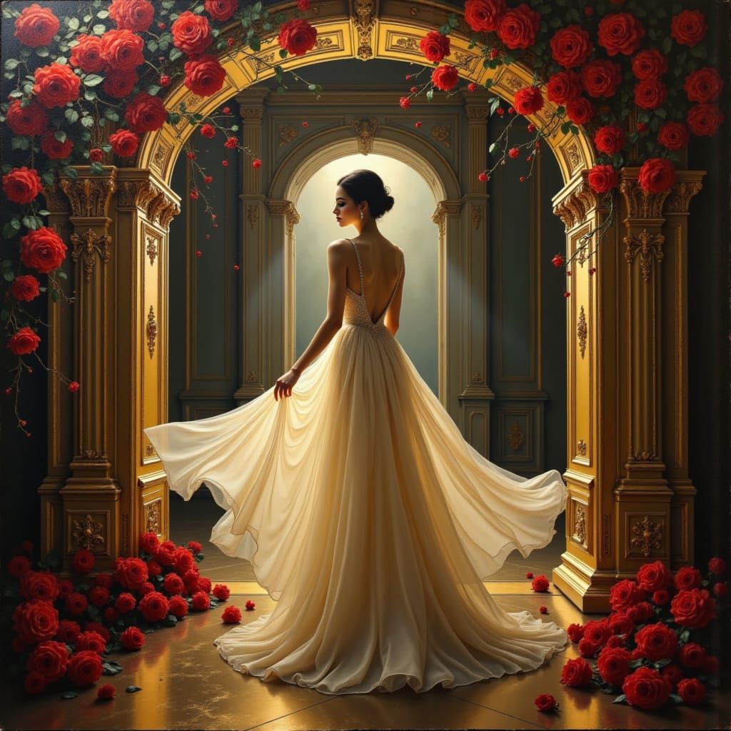 Woman in Roses Under Golden Arch in Palace