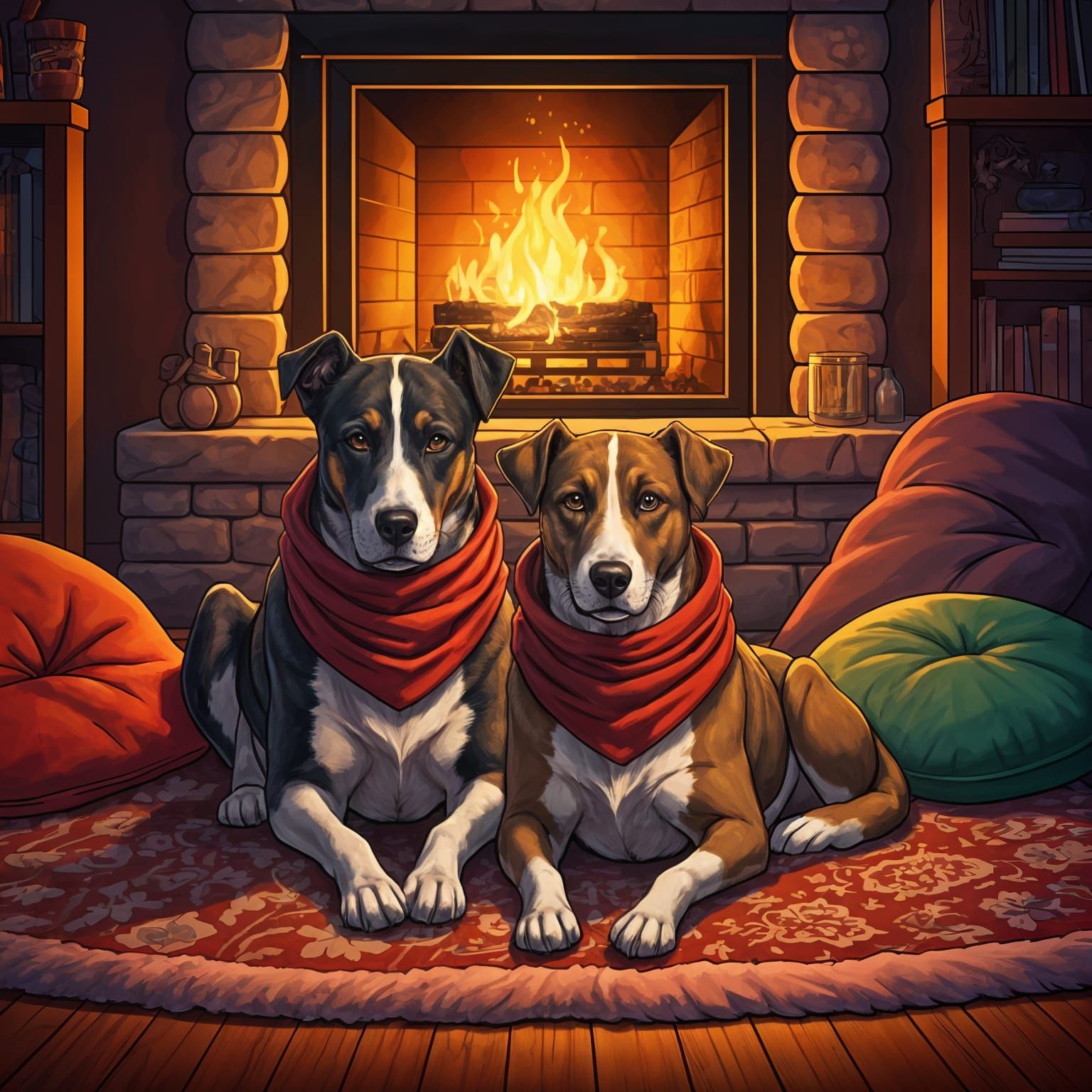 Loyal Canine Couple Cuddles by Cozy Fireplace