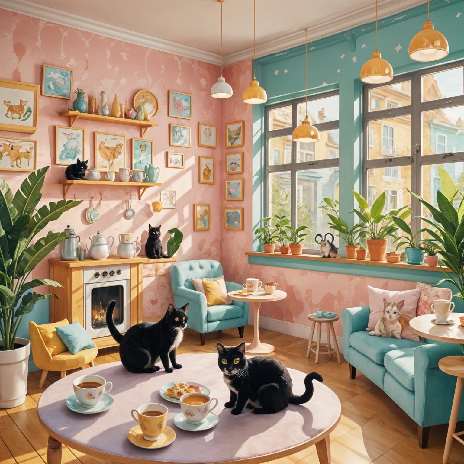 Whimsical Cat Cafe Scene in Felted Fabric Style