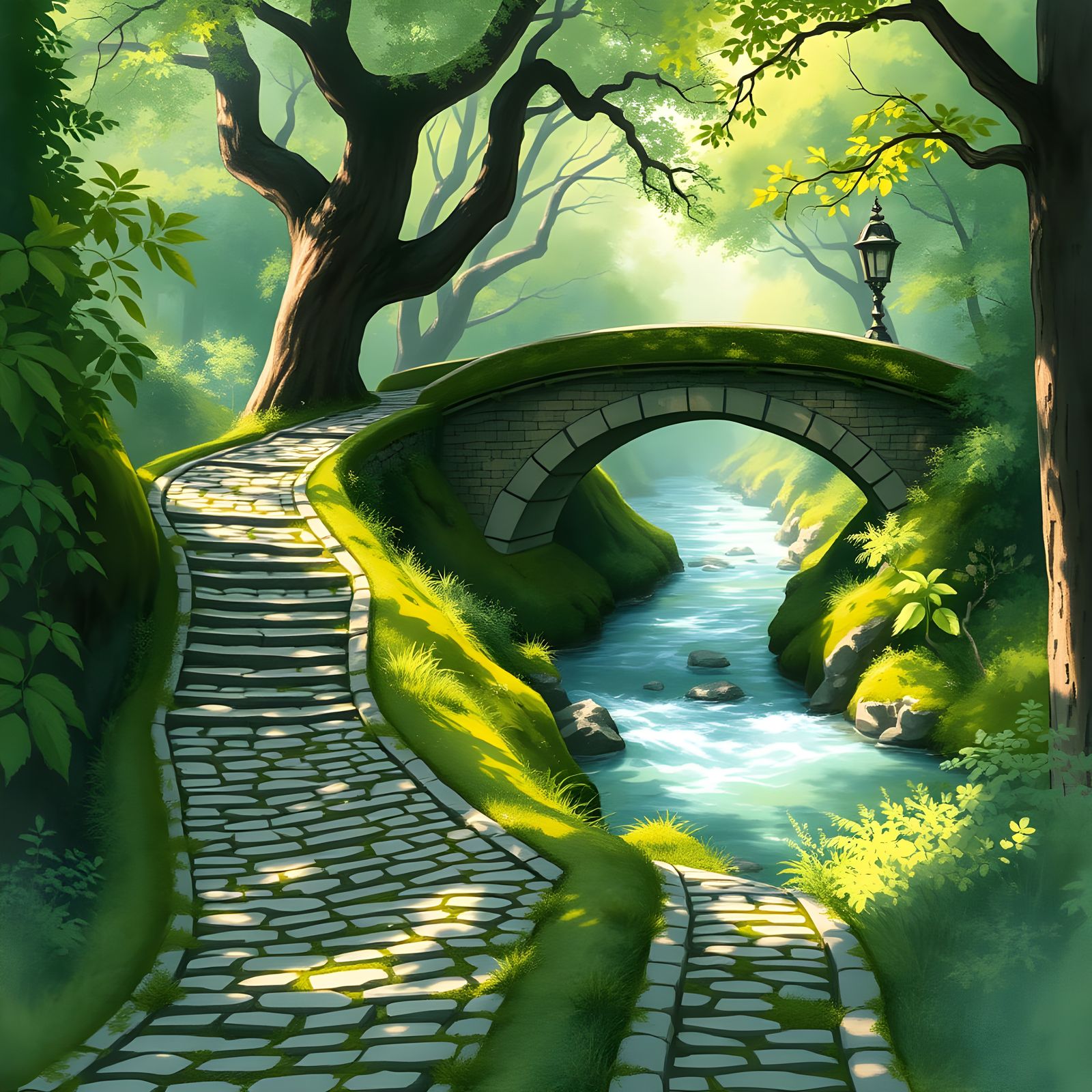 Enchanting Forest Path to Stone Bridge in Watercolor
