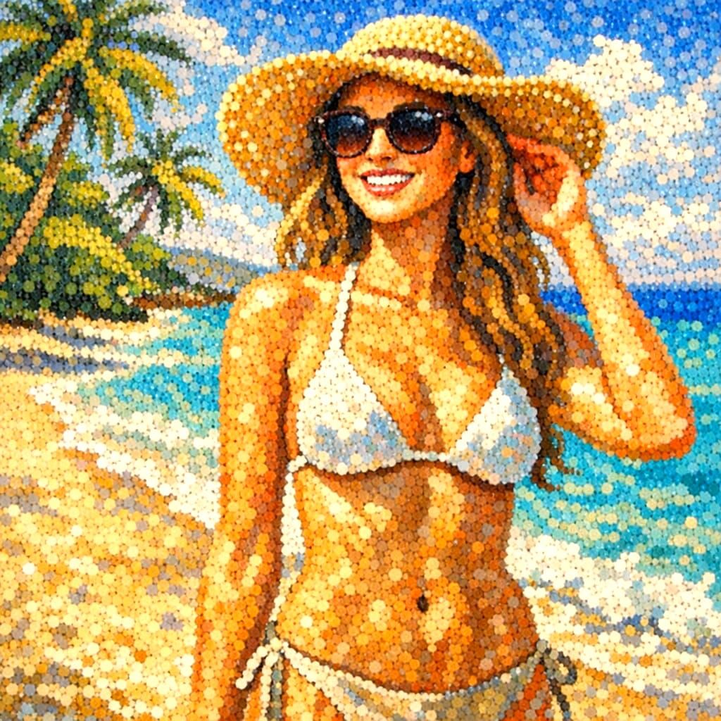 Woman on Summer Beach in Pointillism Style