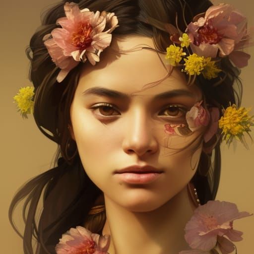 young guarani woman with flowers portrait, 8k resolution concept art portrait by Greg Rutkowski, Artgerm, WLOP, Alphonse...