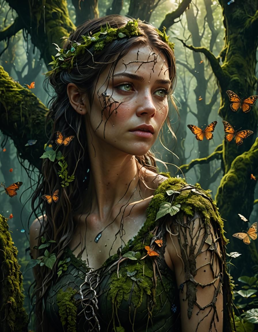 Detailed portrait of a woman with characteristics of nature