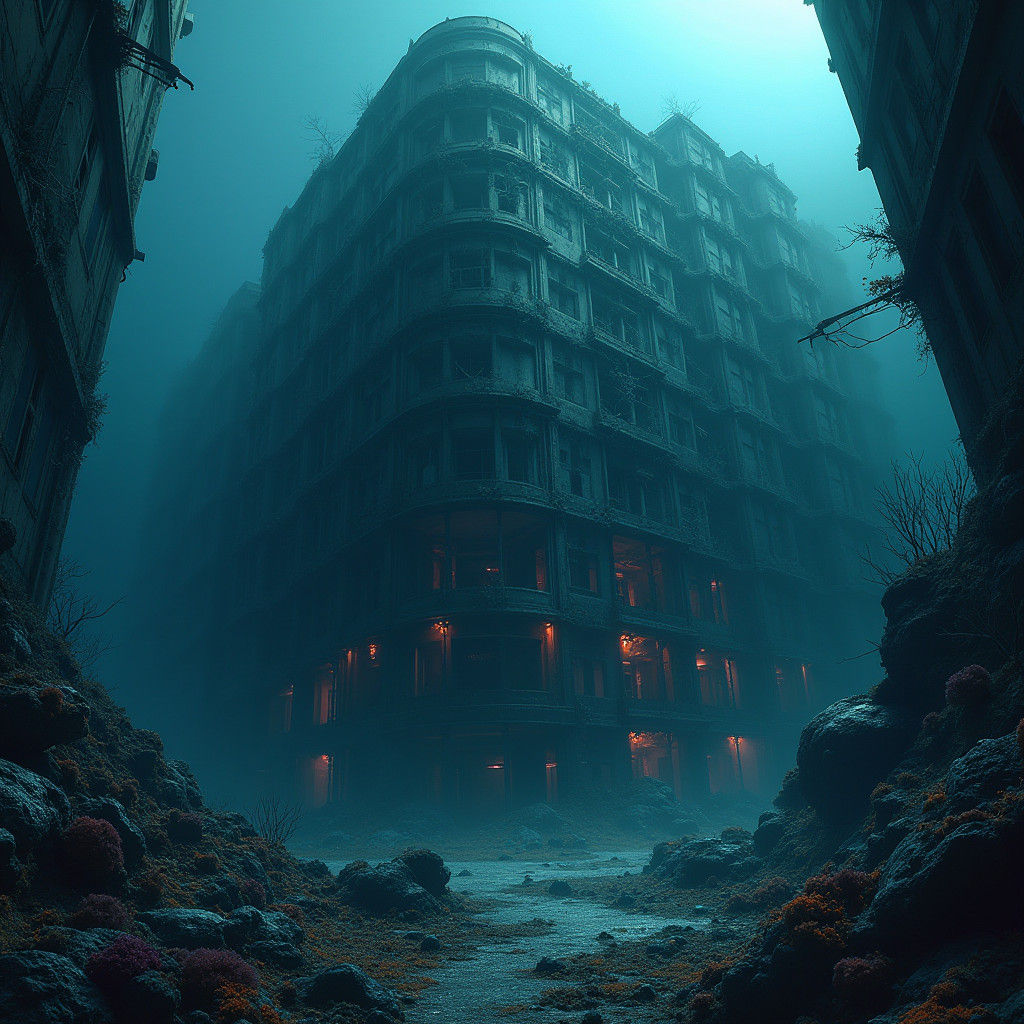 Submerged Apartment Complex in Dreamlike Matte Painting