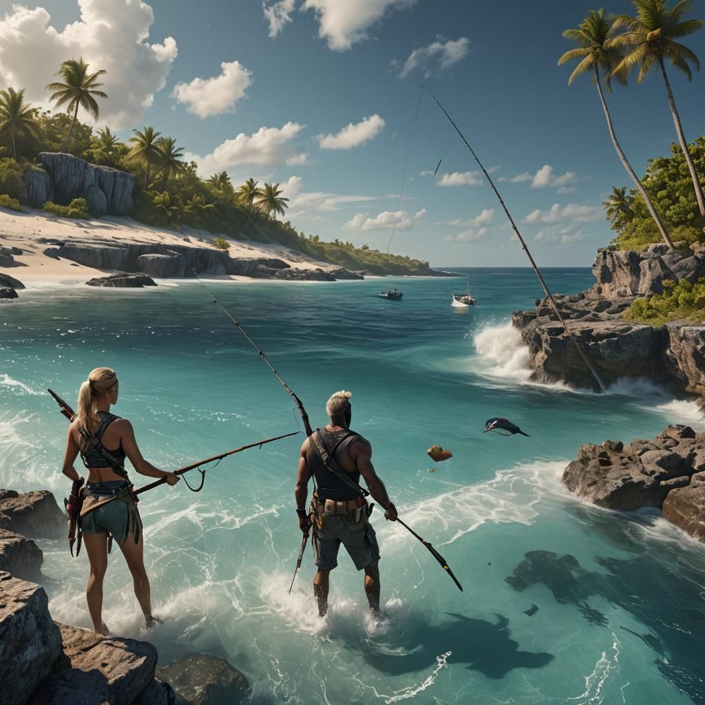 Spear Fishing Couple in Bahamas: Fantasy Matte Painting
