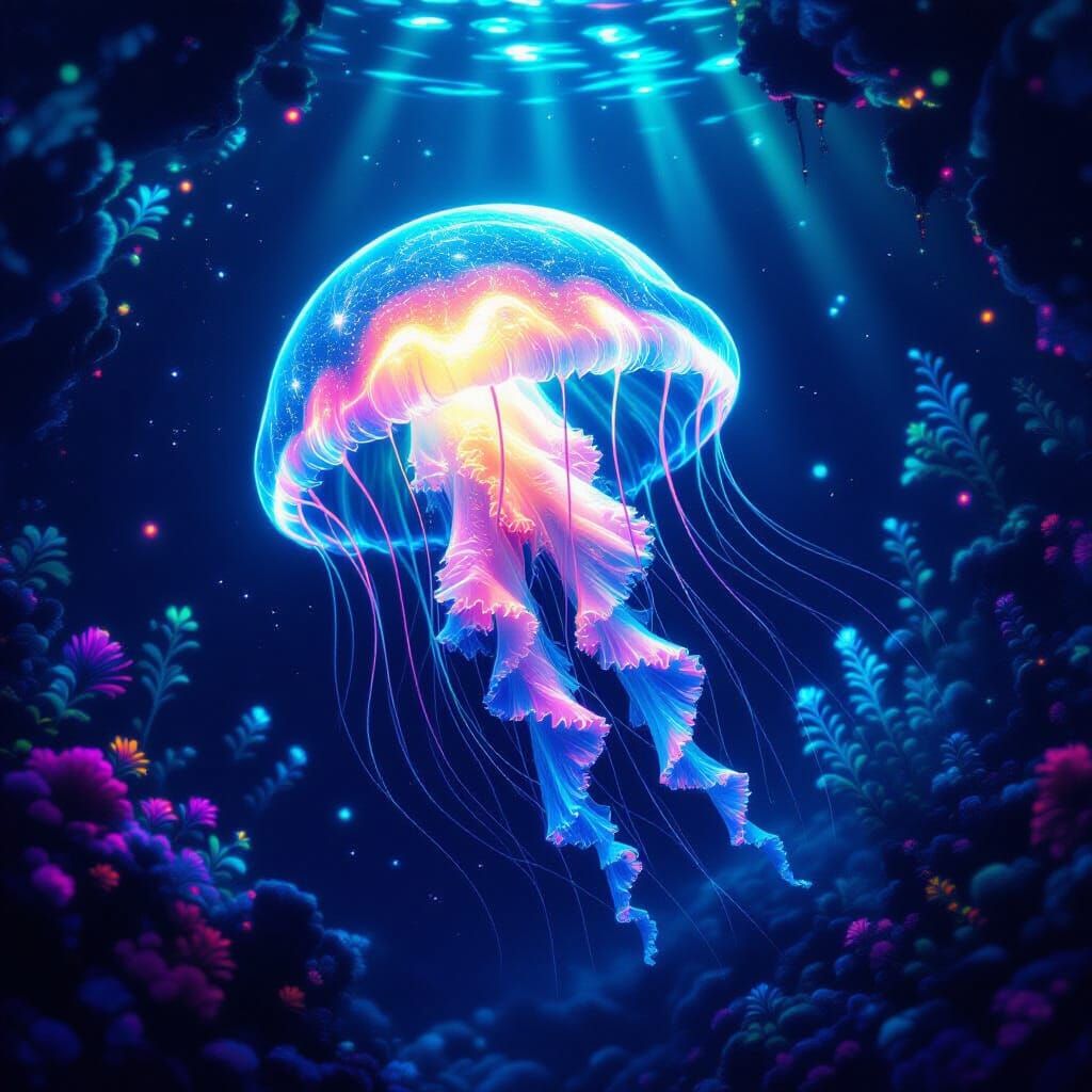 Bioluminescent Jellyfish of Liquid Light in Alien Ocean Dept...