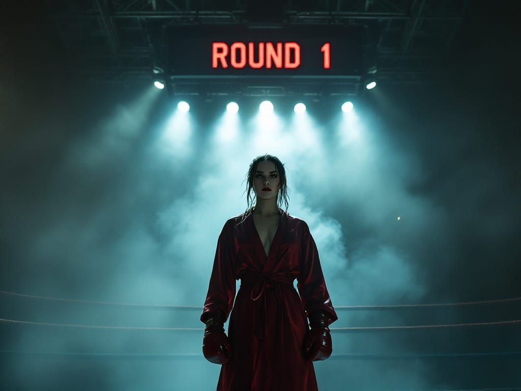 Skarlet the Boxer in Dimly Lit Ring, Cinematic Style