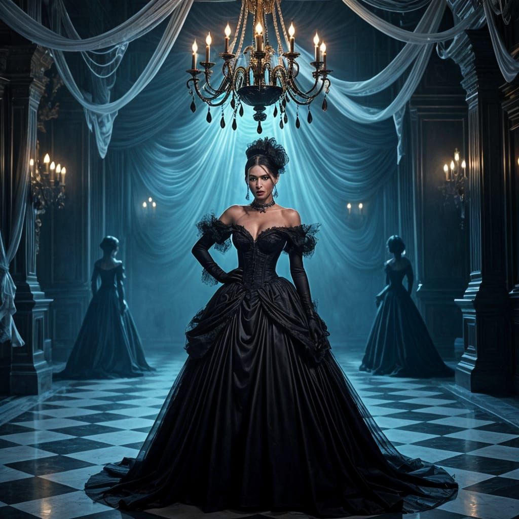 Gothic Fashion Model in Opulent Ballroom