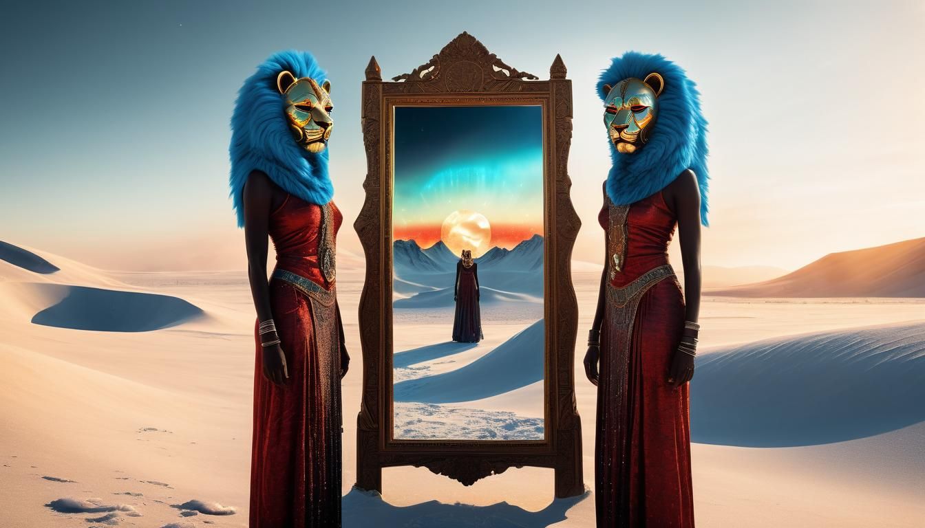 Lion Masked Women in Desert Mirror: Surreal Arctic Reflectio...