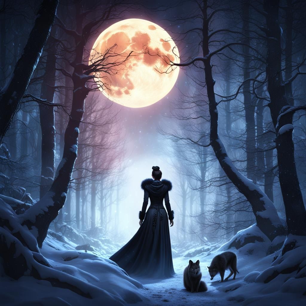 Gothic Woman in Winter Forest: Detailed Digital Painting