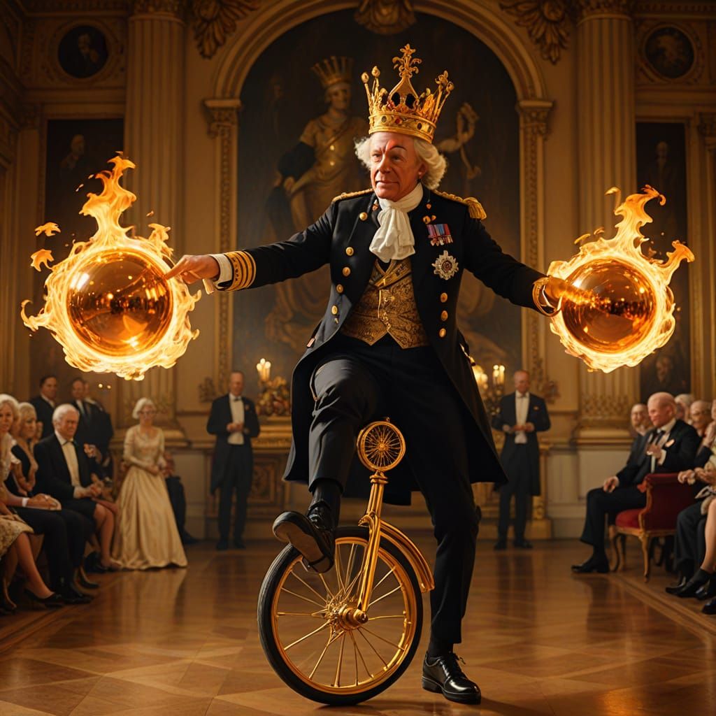 King Charles Juggles Fire Balls Riding Unicycle in Palace