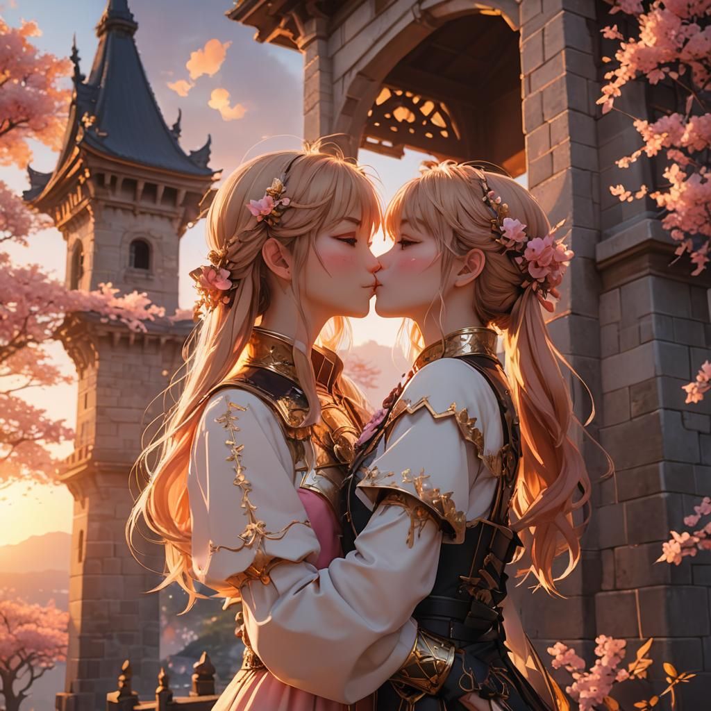 Two Girls Kissing on Tower in Anime Style