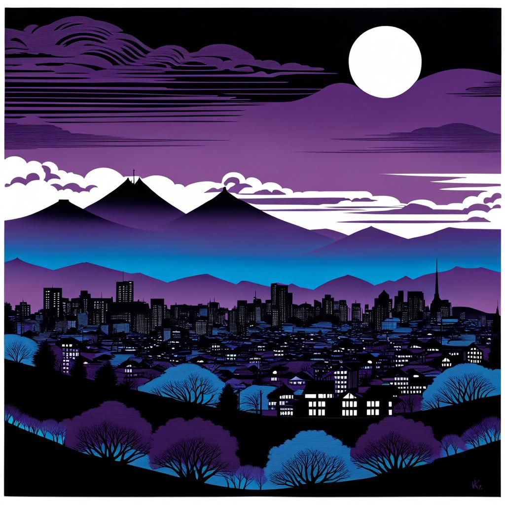 Twilight Cityscape Inspired by Woodblock Prints
