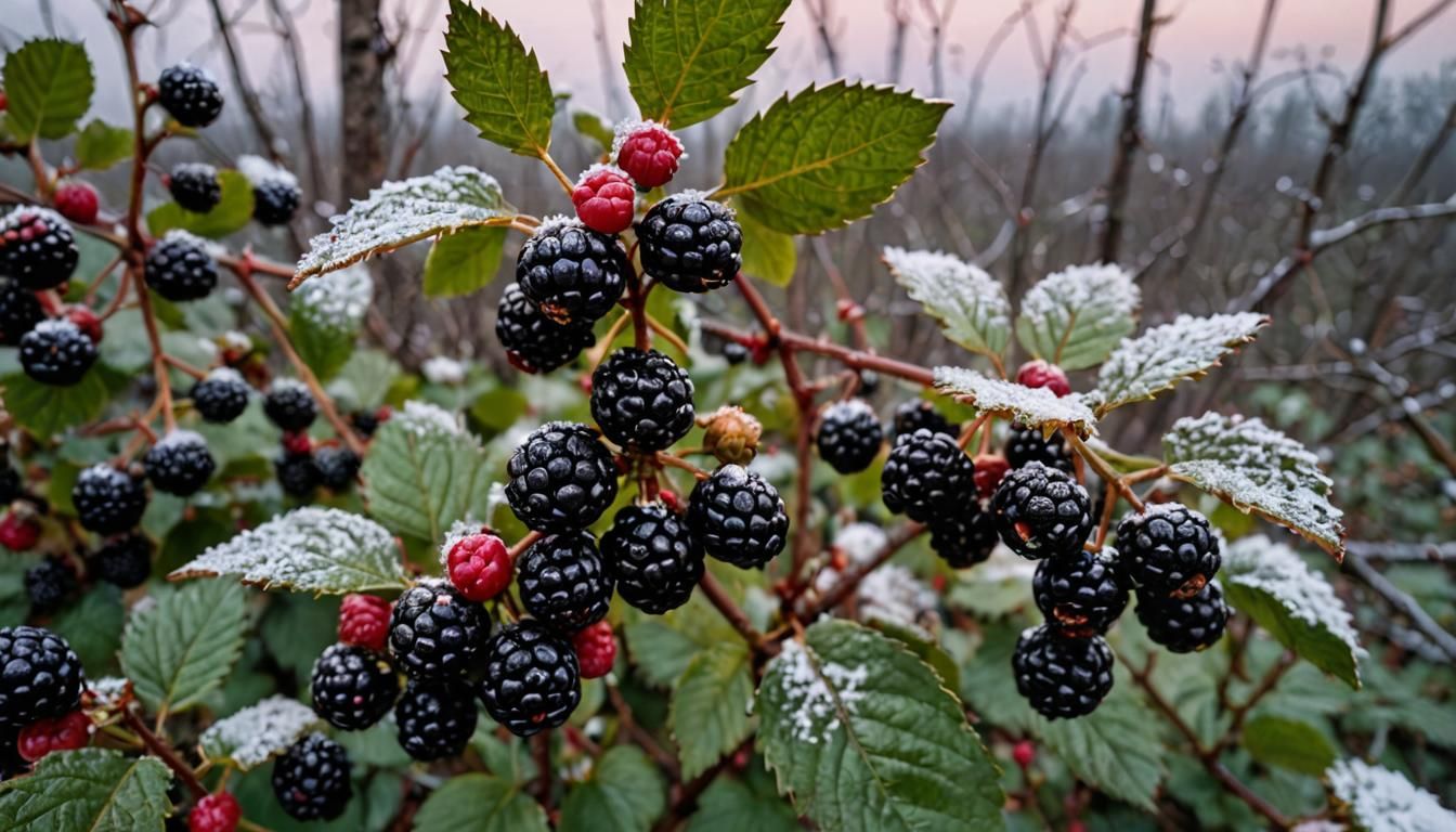 Frozen Blackberries on Bush at Winter Dawn
