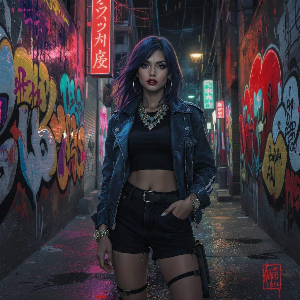 Urban Alley Woman with Neon Lights and Graffiti Art
