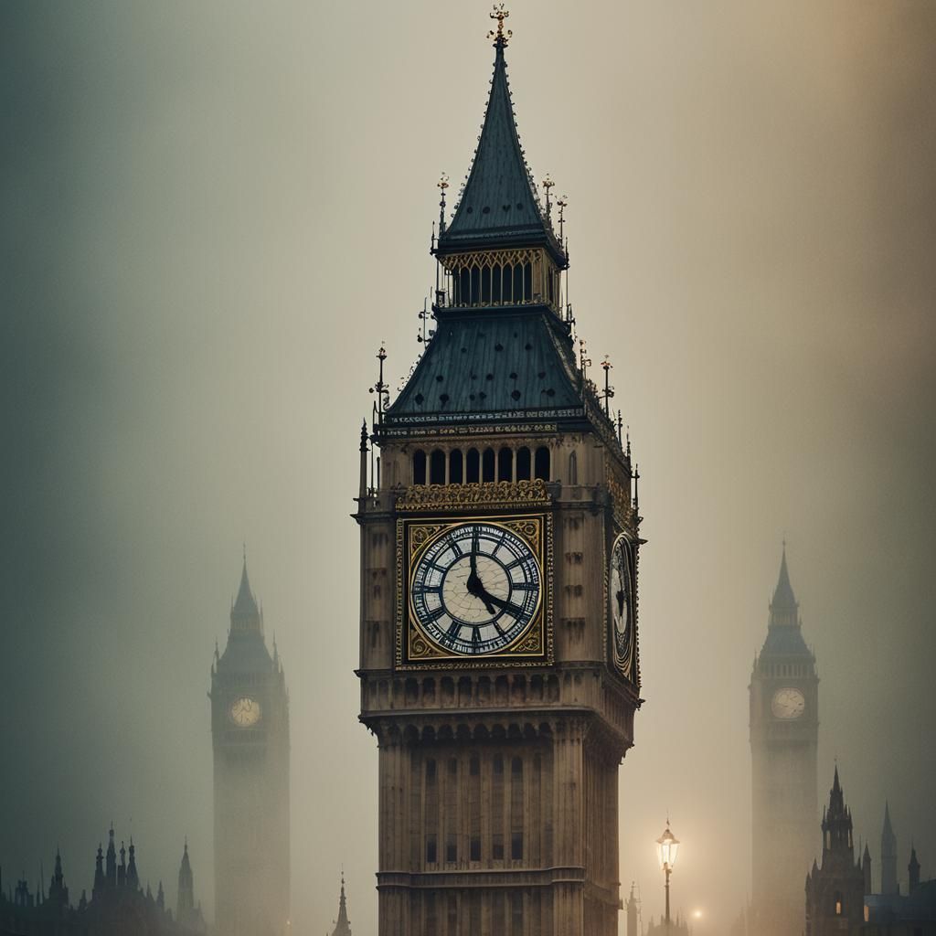 Big Ben Made of Rope in Misty London Square