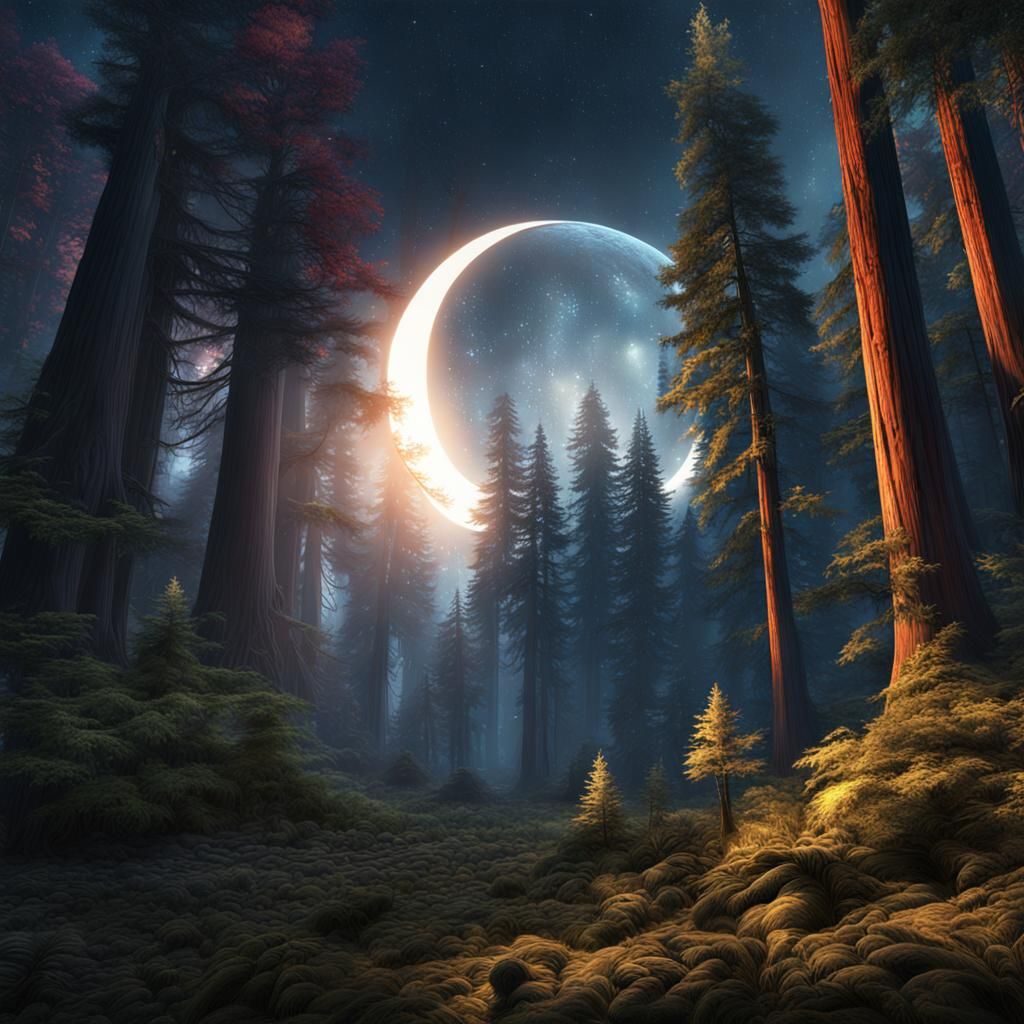 Eclipse Over Redwood Forest in Matte Painting Style