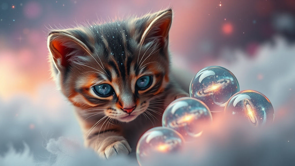 Cat Plays With Galaxy Orbs in Dreamy Sci-Fi Art