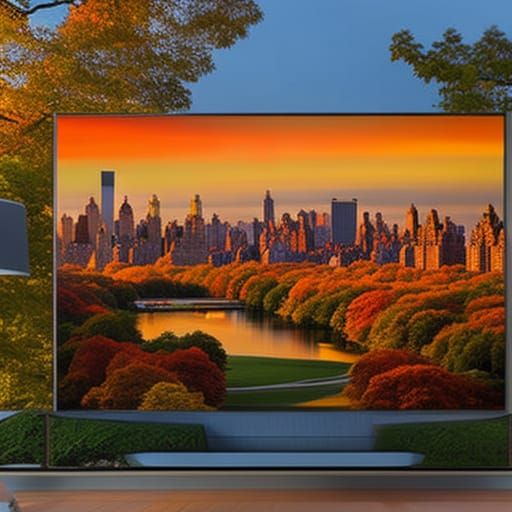 Central Park Painting with Autumn Colors and Sunset