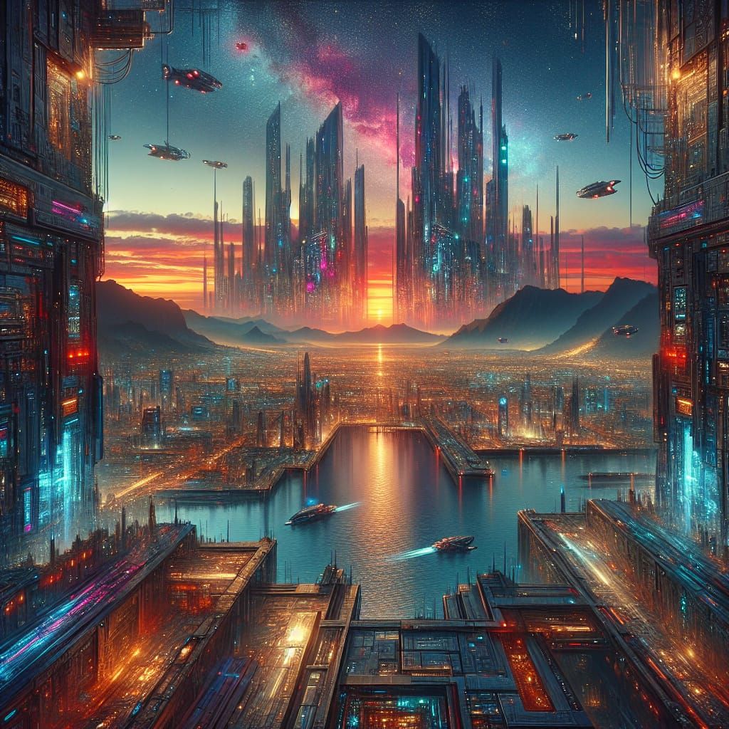 Futuristic Cyberpunk Cityscape at Sunset