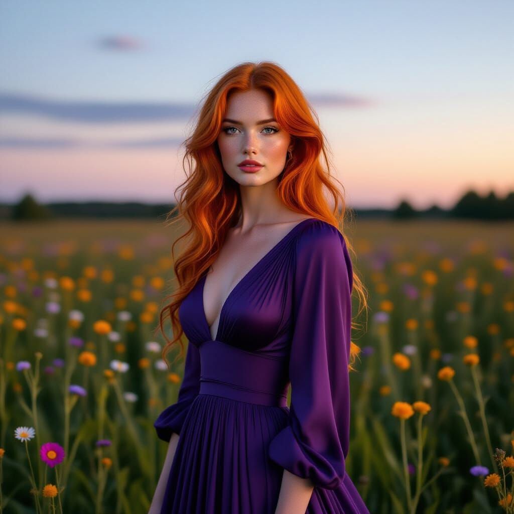Twilight Beauty in Wildflower Field: Photorealistic Portrait