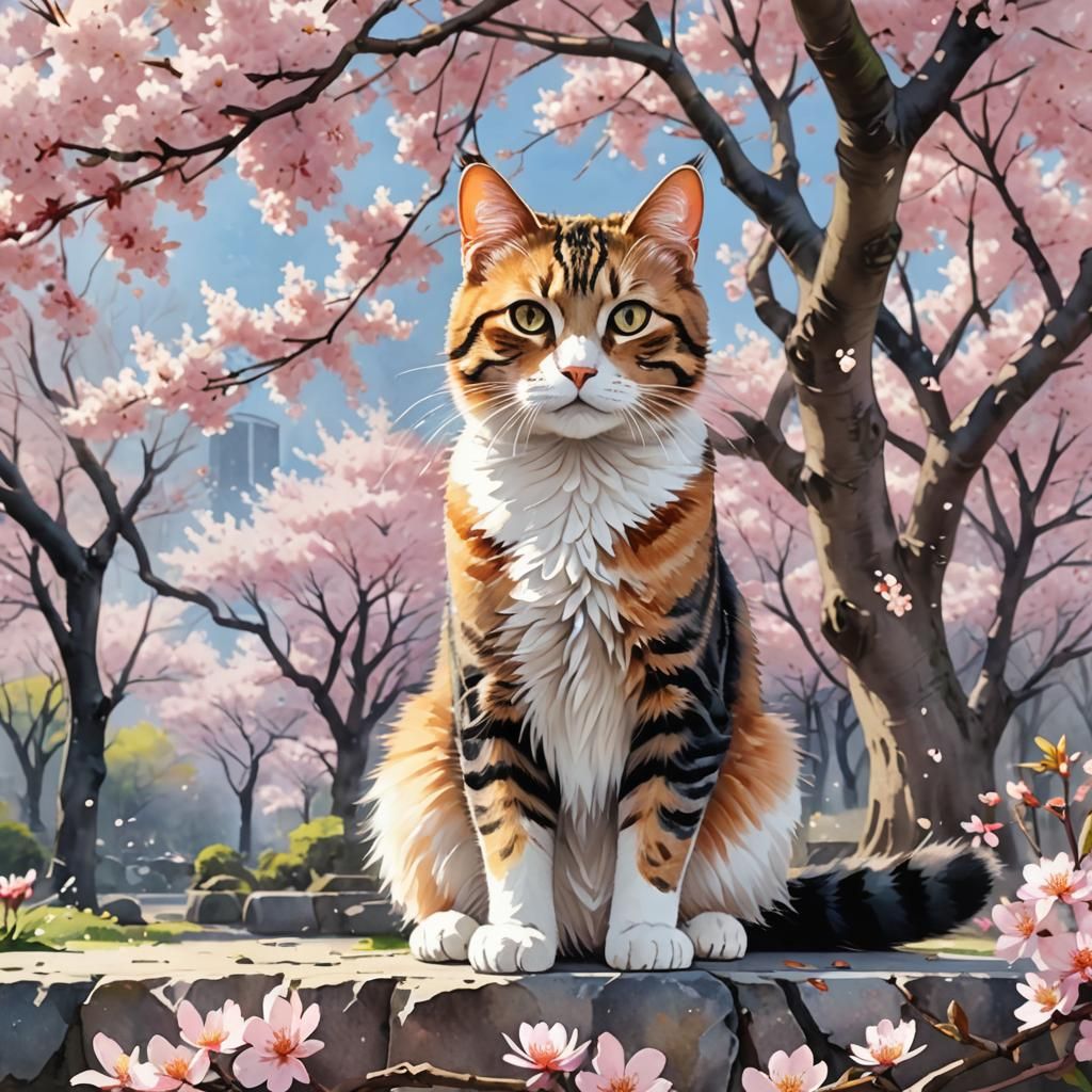 Cat with Sakura Trees in Anime Watercolor Style