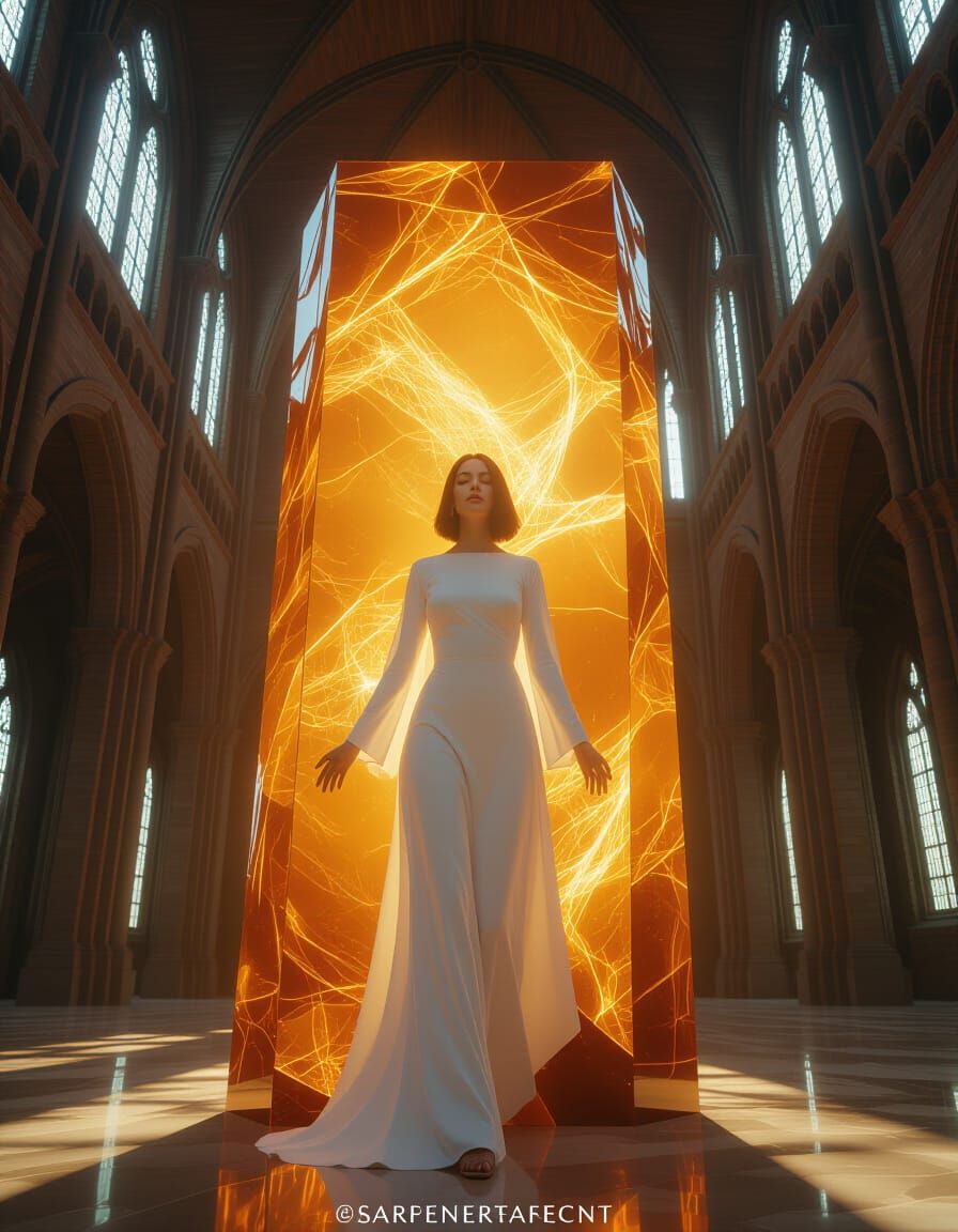 Ethereal Woman Emerging from Amber Resin in Digital Art