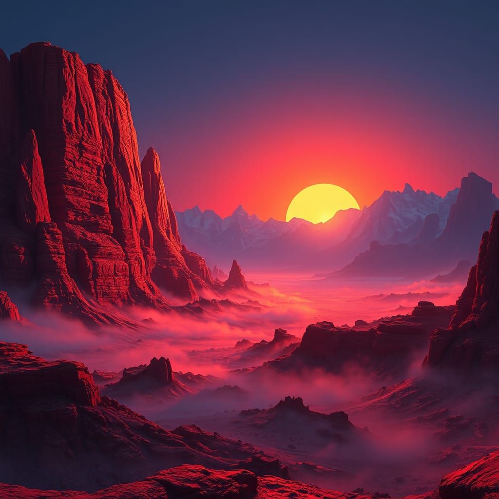 Martian Dawn Over Crimson Rock Formations