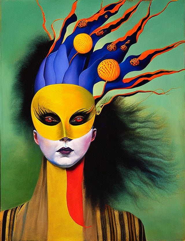 Surreal Masquerade in Mixed Media Art