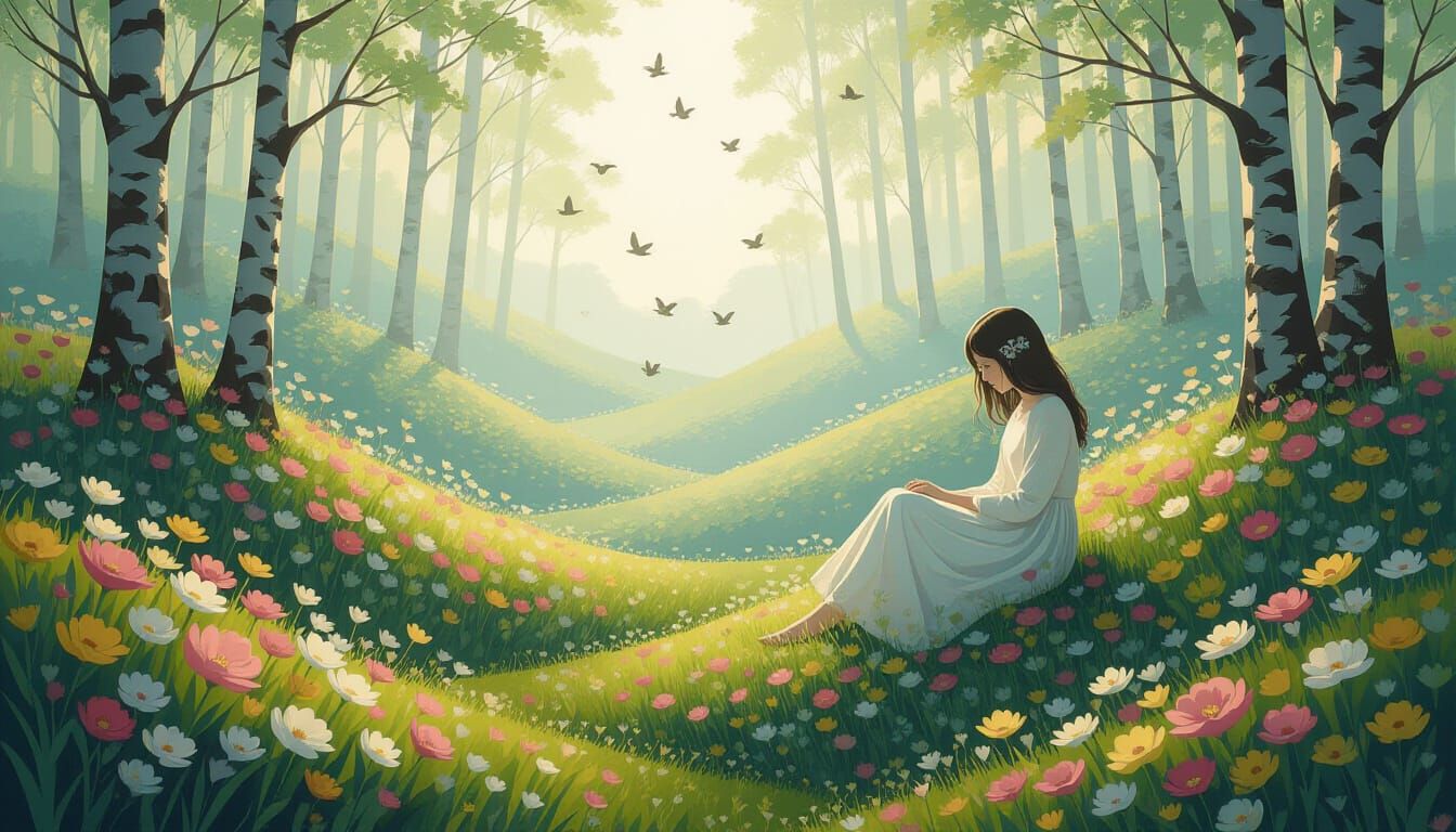 Surreal Dreamscape with Weeping Flowers and Rippling Forests