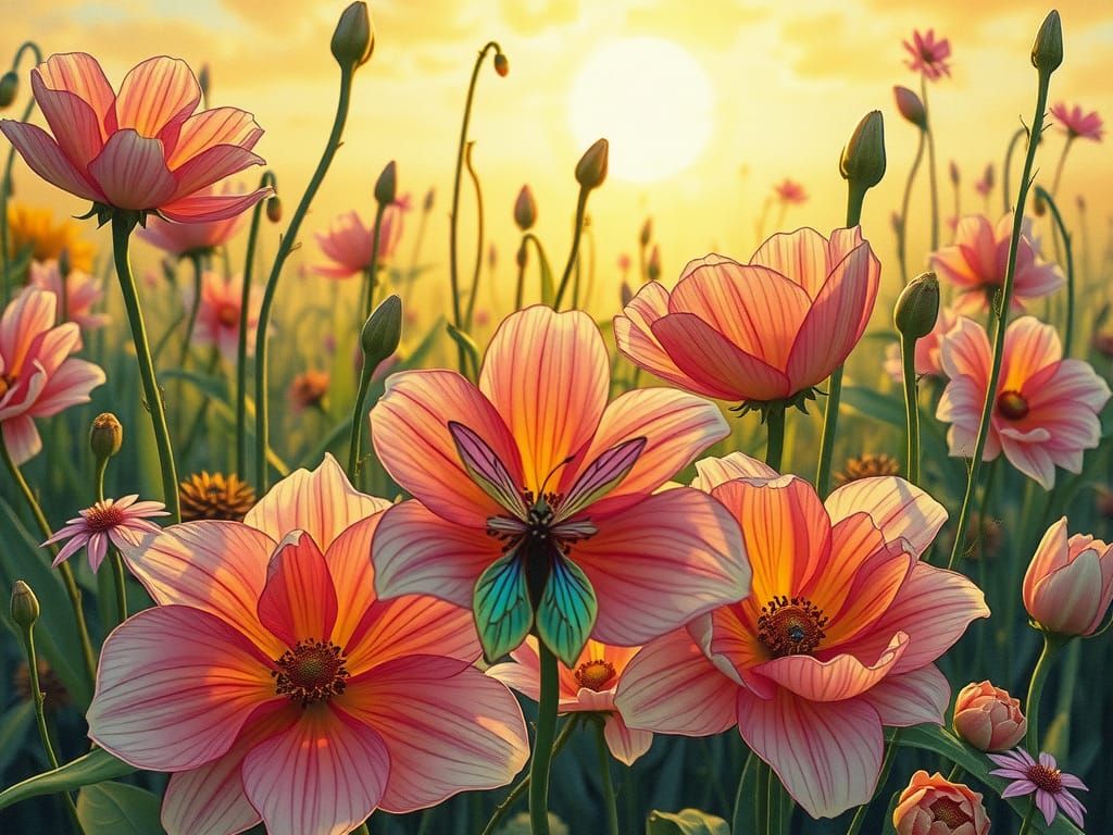 Mythical Flowers with Fairy in Whimsical Style