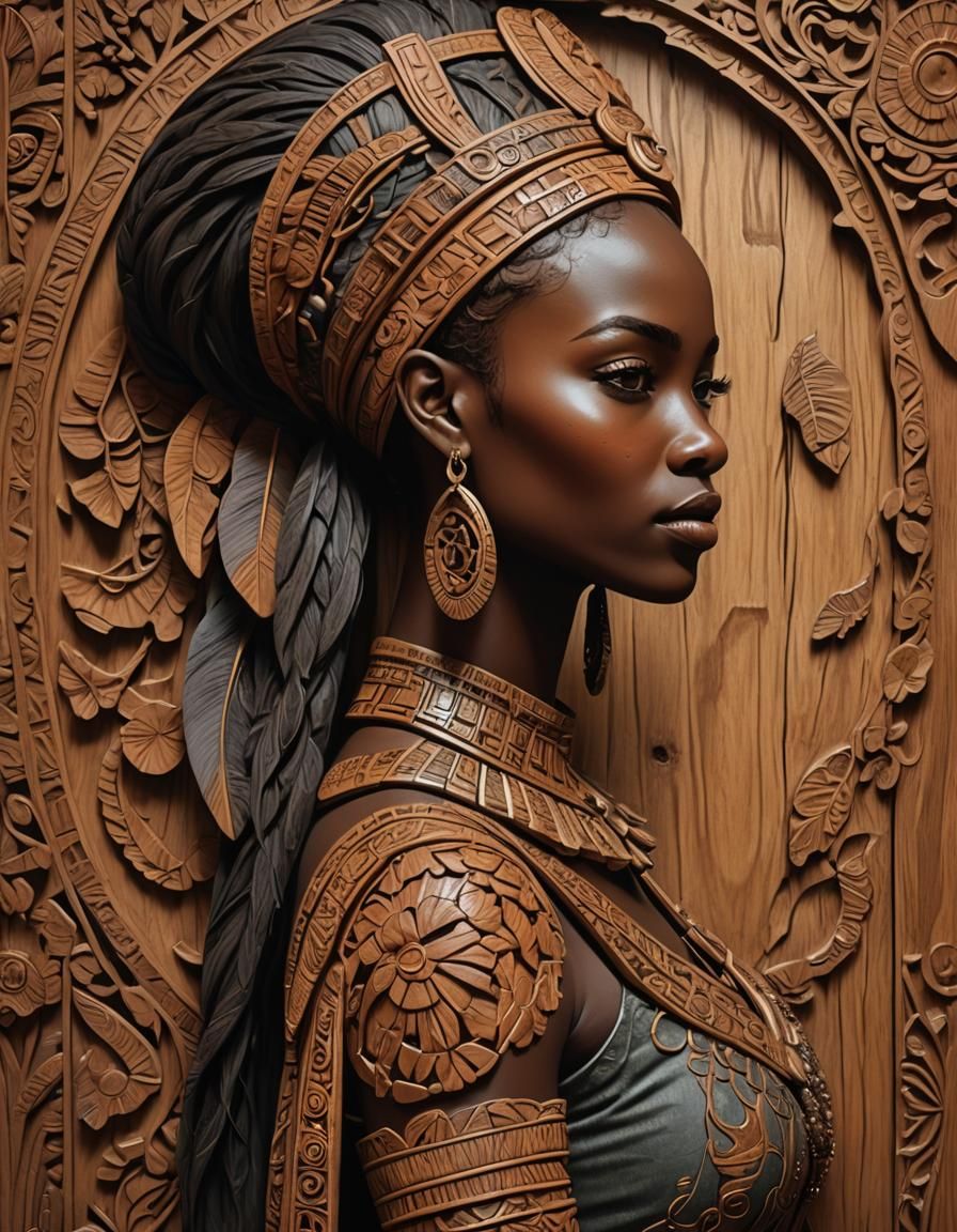 African Girl Silhouette in Carved Wood Relief