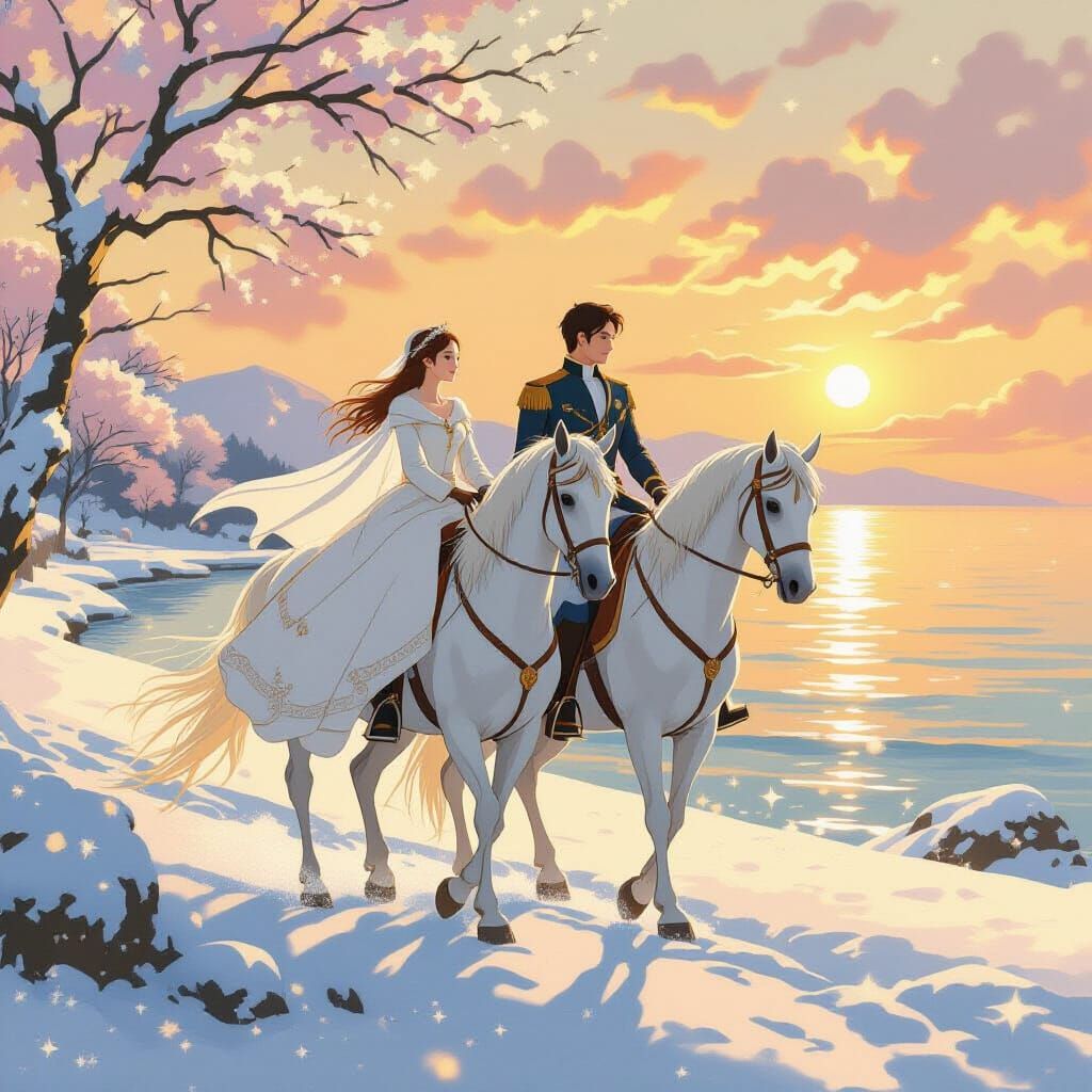 Princess and Prince Ride White Horses in Snow