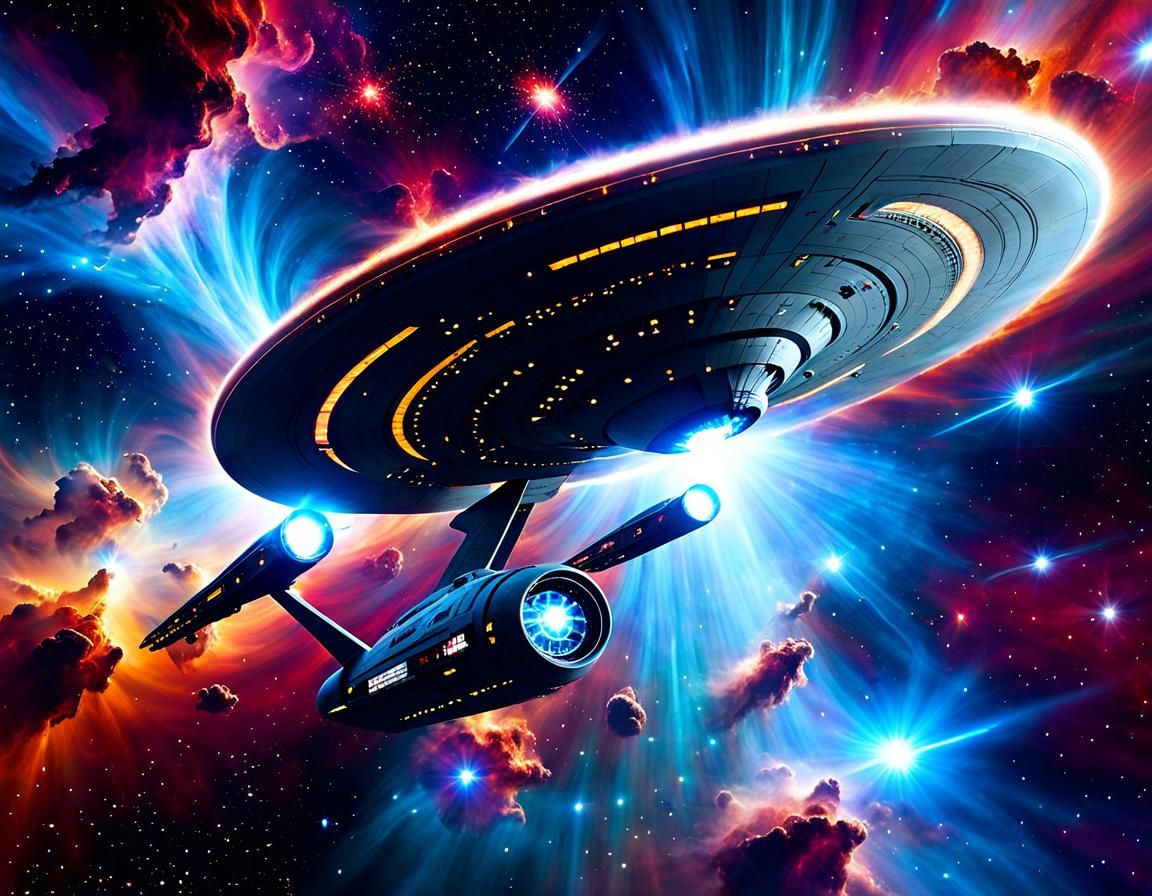 Starfleet Starship Navigating a Colorful Nebula