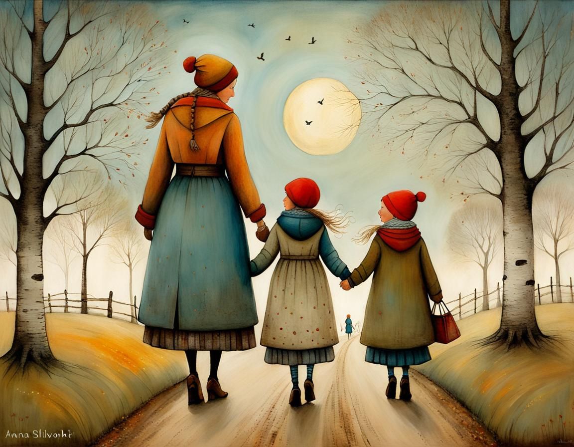 Whimsical Illustration of Mother and Children