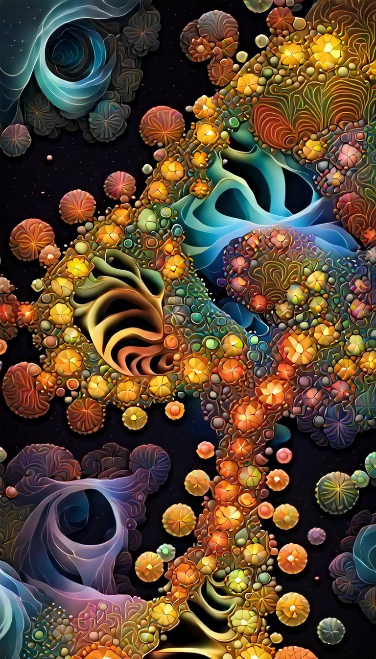 Biotic Matter Emerges in Fractal Neon Landscape