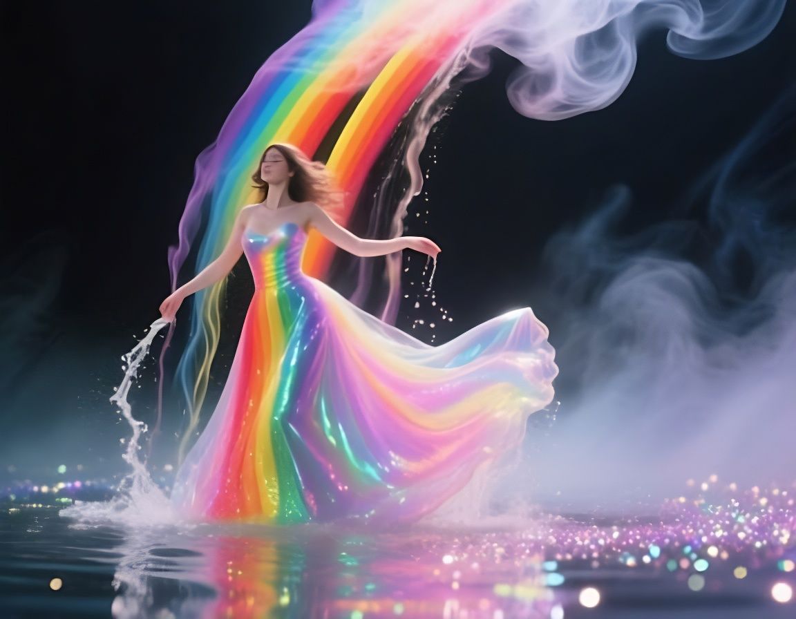 Rainbow Woman Emerging from Smoke in Glittering Light
